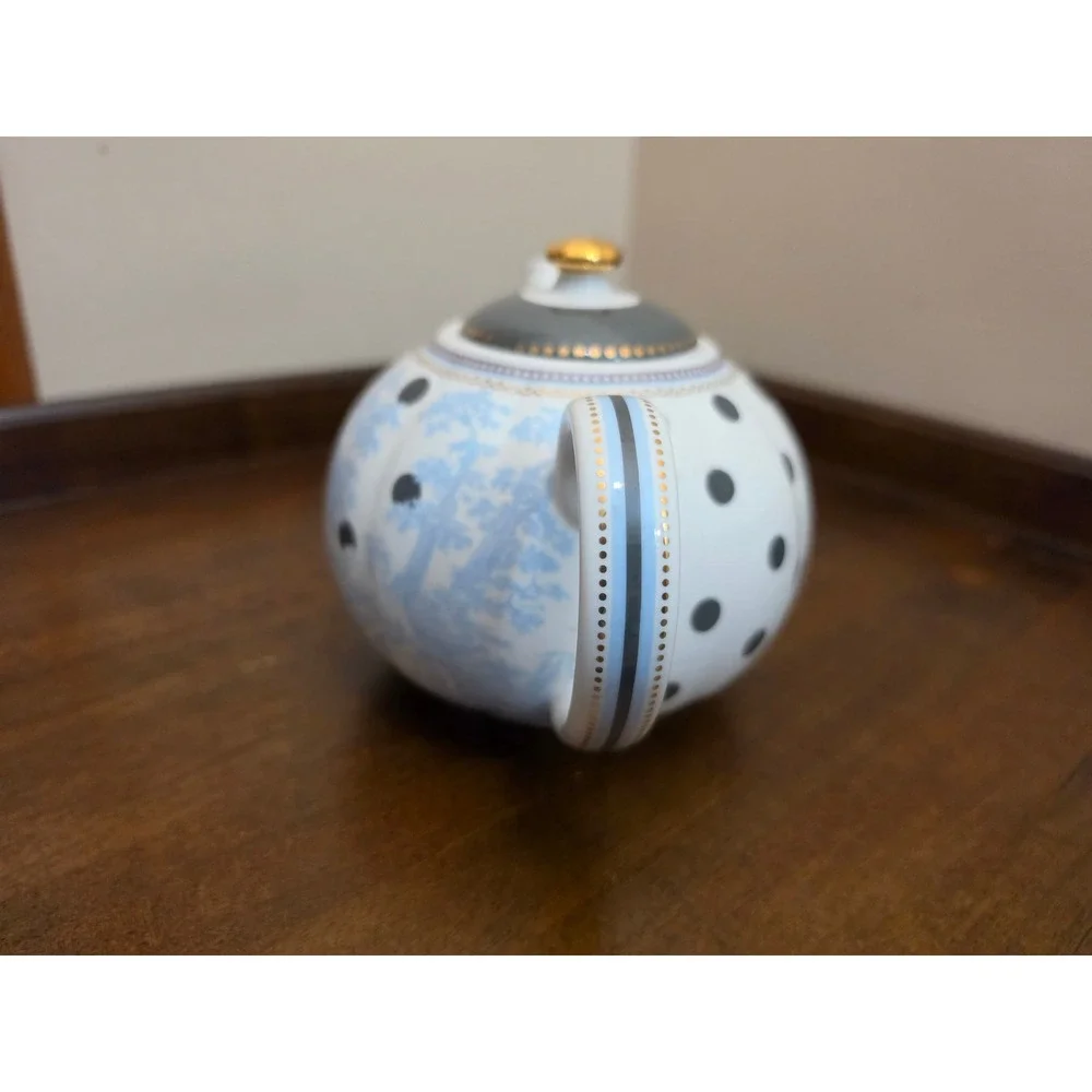 Grace Teaware Fine Porcelain Teapot Polka Dot Blue Tree Toile Gold Trim